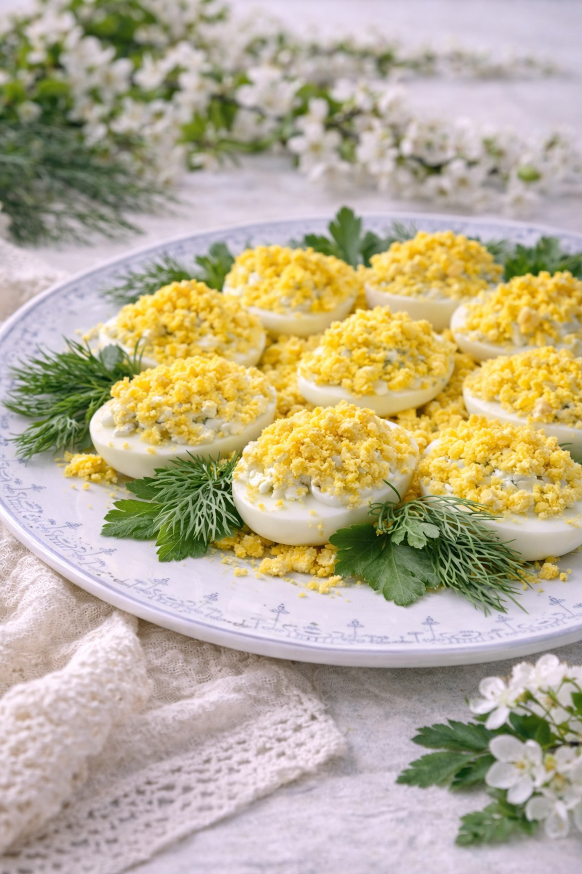 Eggs Mimosa on a white plate.