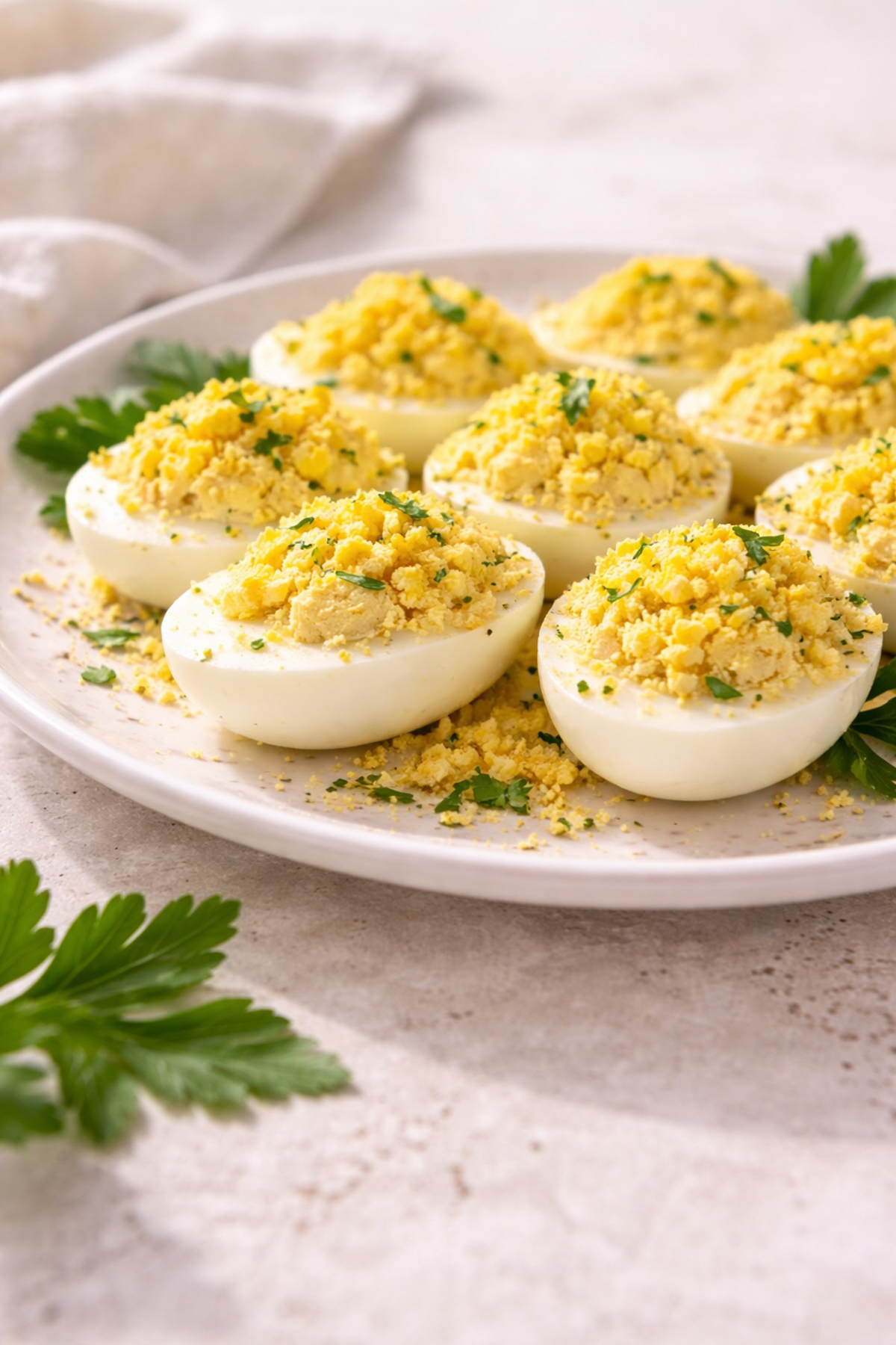 Close-up of eggs mimosa with creamy filling and grated yolk topping on a white serving plate.