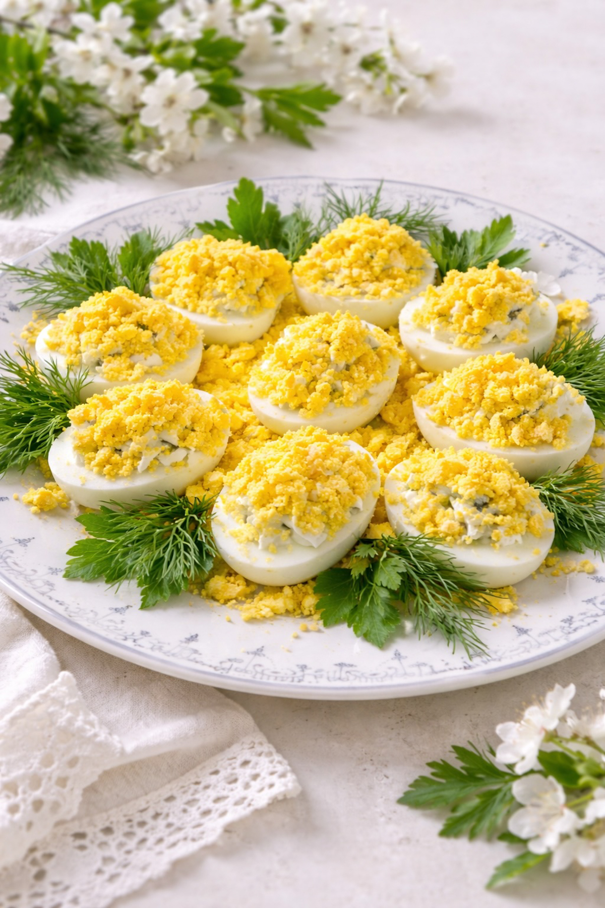 Creamy eggs mimosa (French deviled eggs) topped with finely grated egg yolk and fresh parsley on a white plate