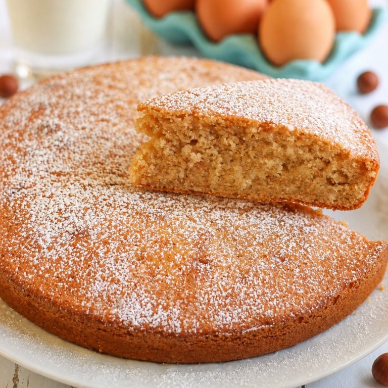 Soft hazelnut cake dusted with powdered sugar, with a slice lifted to show the tender crumb.