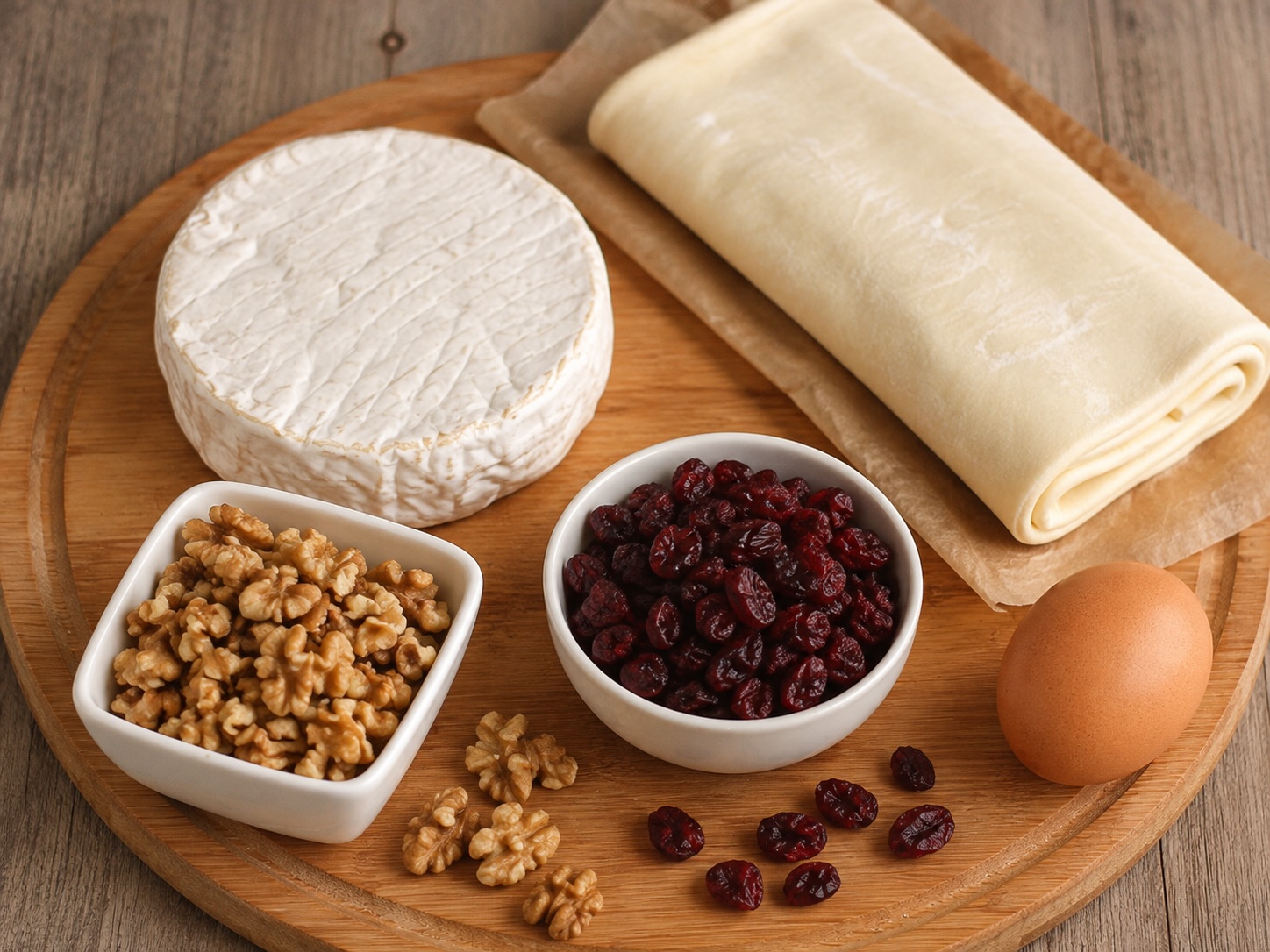 Ingredients for baked Camembert with cranberries and walnuts, including Camembert, puff pastry, chopped walnuts, dried cranberries and an egg.