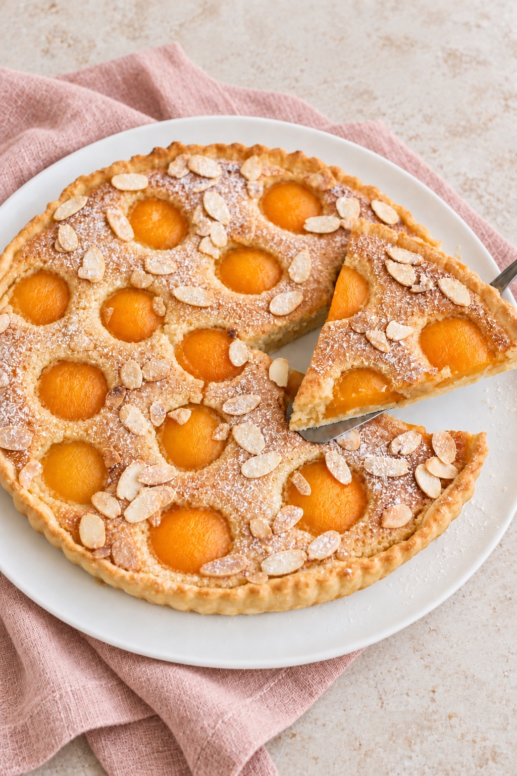 Apricot frangipane tart topped with sliced almonds and powdered sugar, with one slice lifted from the tart.