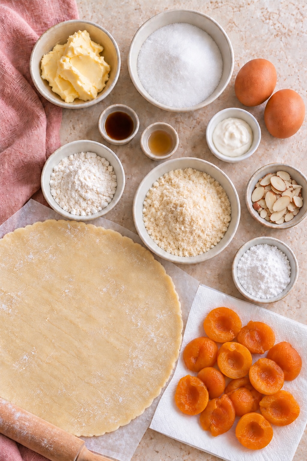 Ingredients for apricot frangipane tart, including apricot halves, pastry dough, almond flour, butter, eggs, sugar, crème fraîche, flour, and sliced almonds.