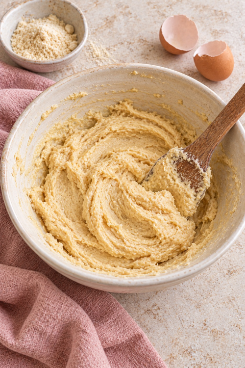 Creamy almond frangipane filling prepared in a mixing bowl.